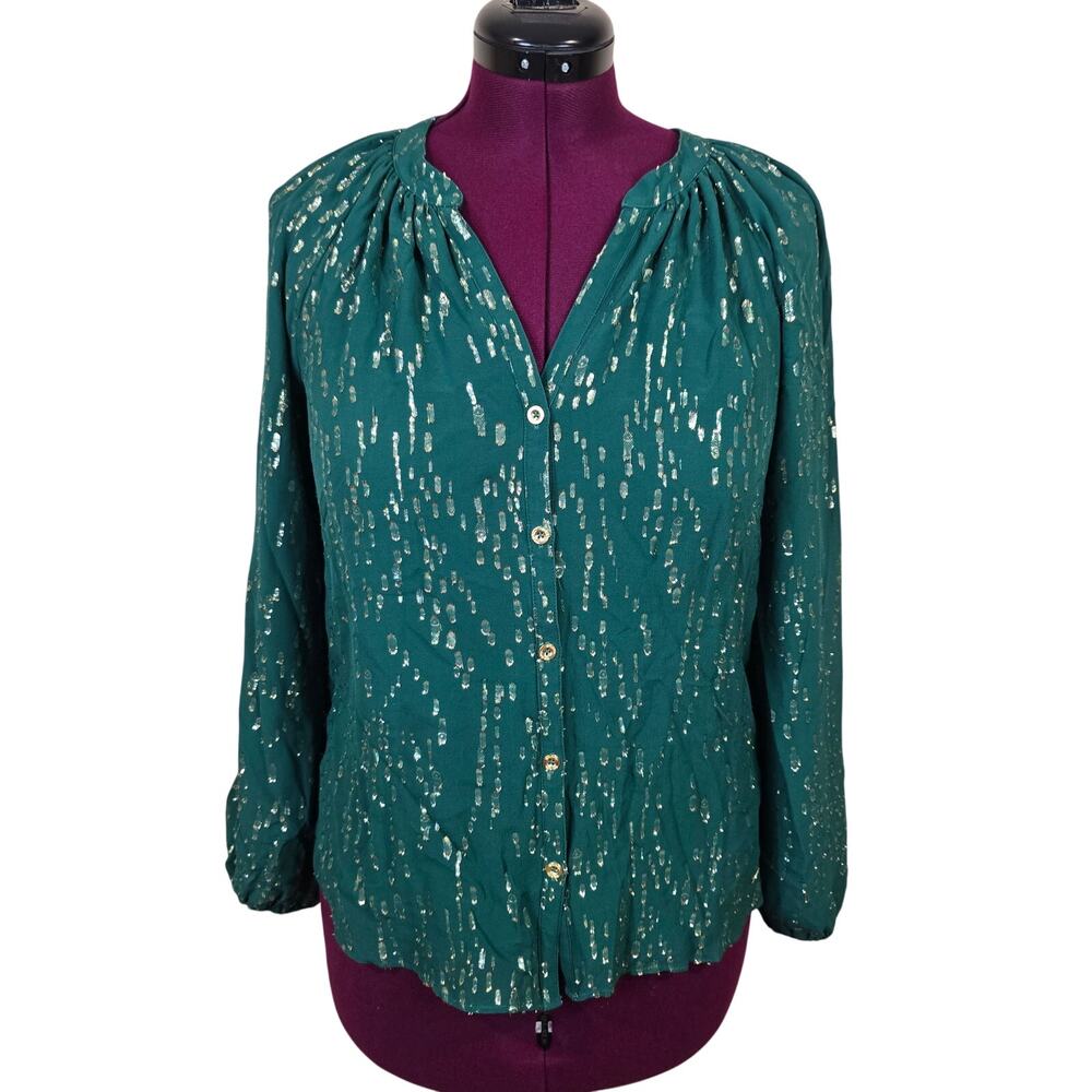 Women's Lilly Pulitzer Silk Green Gold Metallic Button Up Blouse | Size Medium